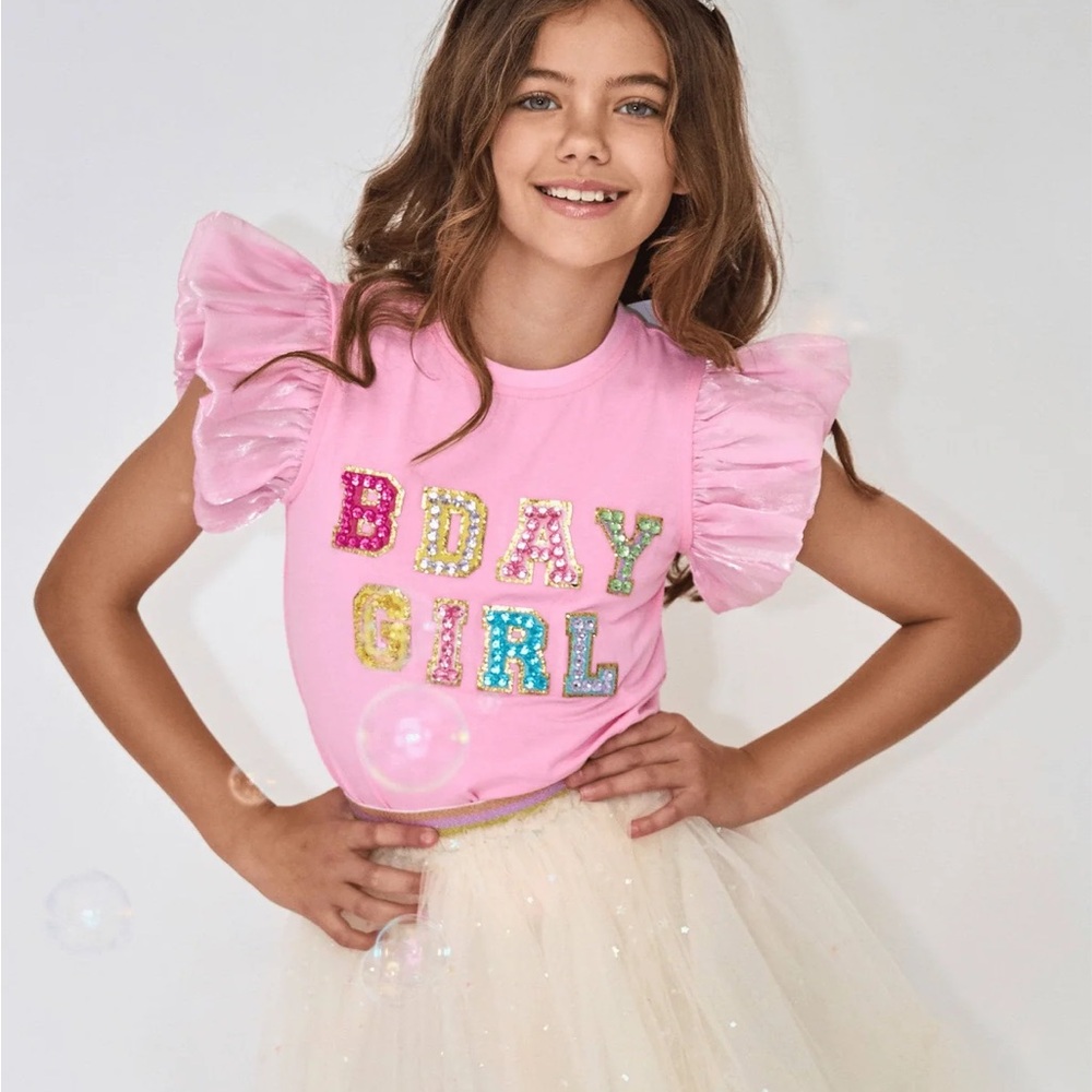 Lola + The Boys Pink 'Bday Girl' Sequin Top (small imperfection on sleeve)